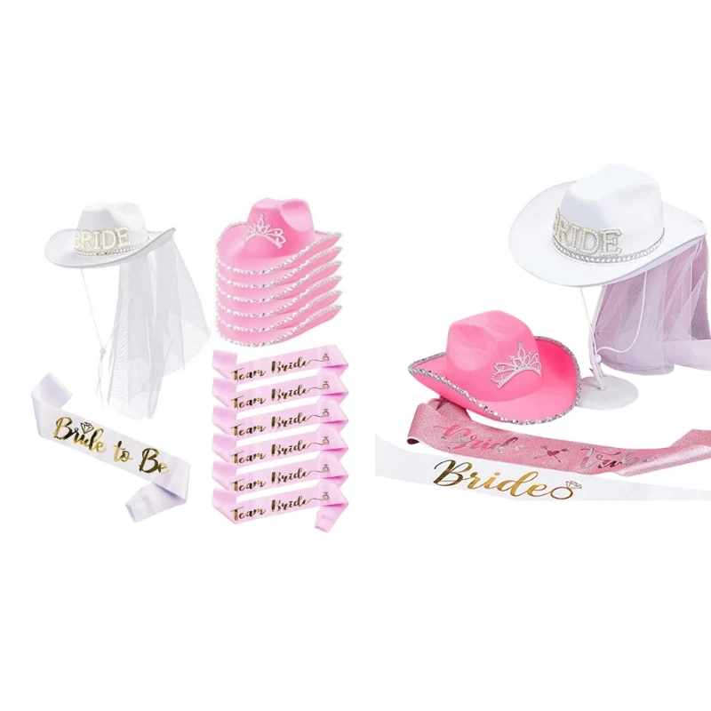 

Pink/White Cowgirl Hat for Bridal Party Wide Brim Cowboy Hat Fashion Music Festival Suit Glitter Letter Sash Costume Dropship