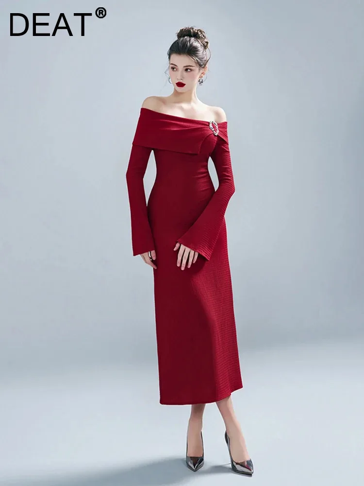 

DEAT Fashion Women Off Shoulder Spliced Flared Sleeve Dress Summer 2024 Solid Color High Waist Wrap Hip Dresses Female 13DB5126