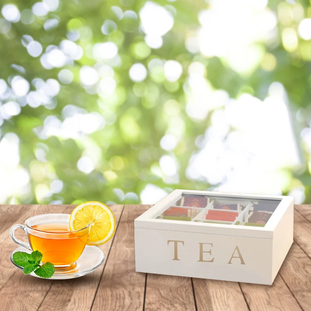 Bamboo Tea Box Coffee Tea Bag Storage Holder Organizer 9 Compartments For Kitchen Cabinets Home tea bag organizer
