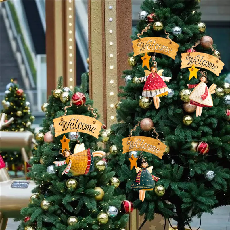 

American Retro Creative Christmas Angel Wooden Pendant Xmas Tree Hanging Ornaments New Year Home Door Welcome Board Decorations