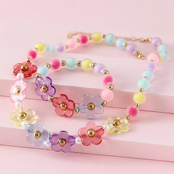 2Pack Princess Baby Girl Flower Beaded Chain Necklace with Bracelet Jewelry Set for Girls Daughter Party Birthday Gift 1