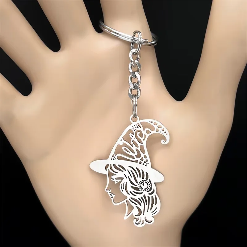 Hexerei Magie Mädchen Hexe Hut Schlüsselanhänger für Frauen Männer Edelstahl Schwarz Farbe Halloween Schlüsselring Schmuck llaveros kawaii – Detail 4