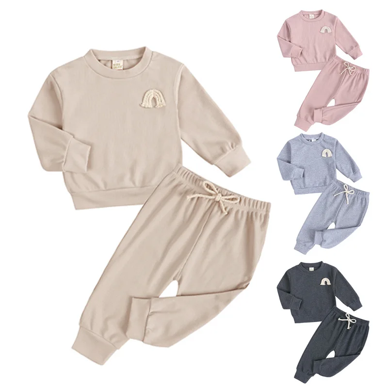 

2022 Autumn Winter Children Clothes Sets for Baby Kids Rainbow Pattern Clothes Suits Sweatshirt and Pants 2pcs