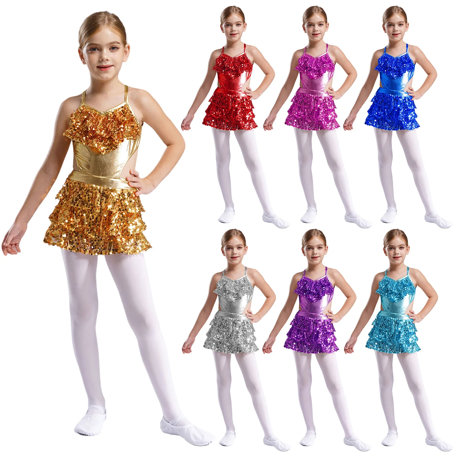 Dance Dress, Dance Bodysuit: Kids Girls Latin Jazz Dance Cha-cha Samba Rumba Performance Costume Sleeveless Sequins Cutout Metallic Tiered Bodysuit Dress