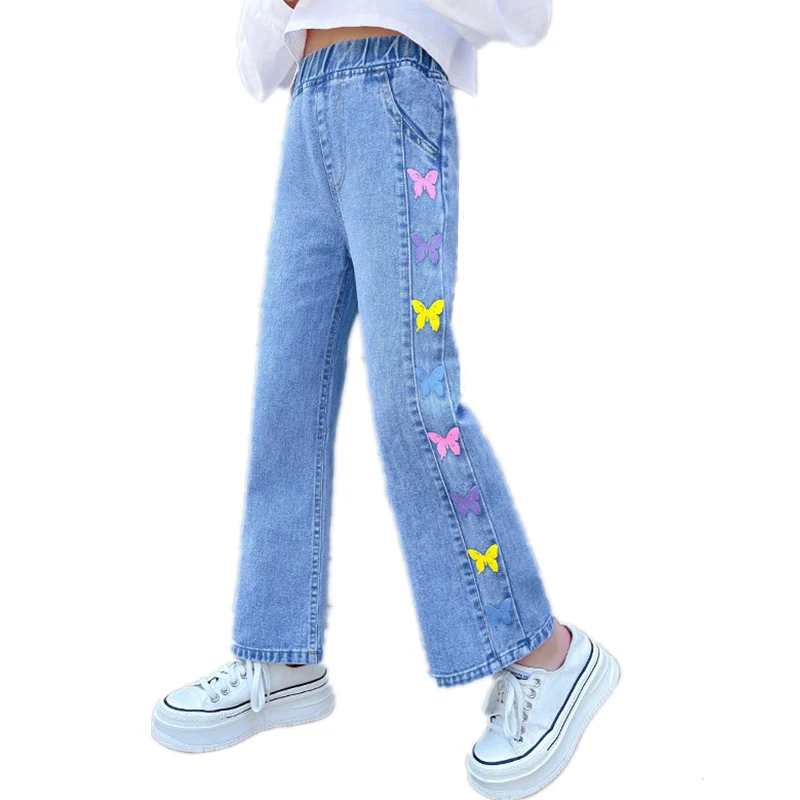 Calça Jeans Infantil Com Estampa Borboleta - Cintura Elástica E Pernas Largas