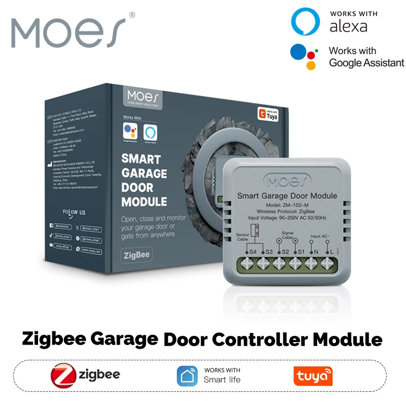 MOES Tuya Zigbee Module de contrôleur de porte de garage intelligent, ouvre-porte de garage à distance avec application Smart Life, fonctionne avec Alexa et Google Home