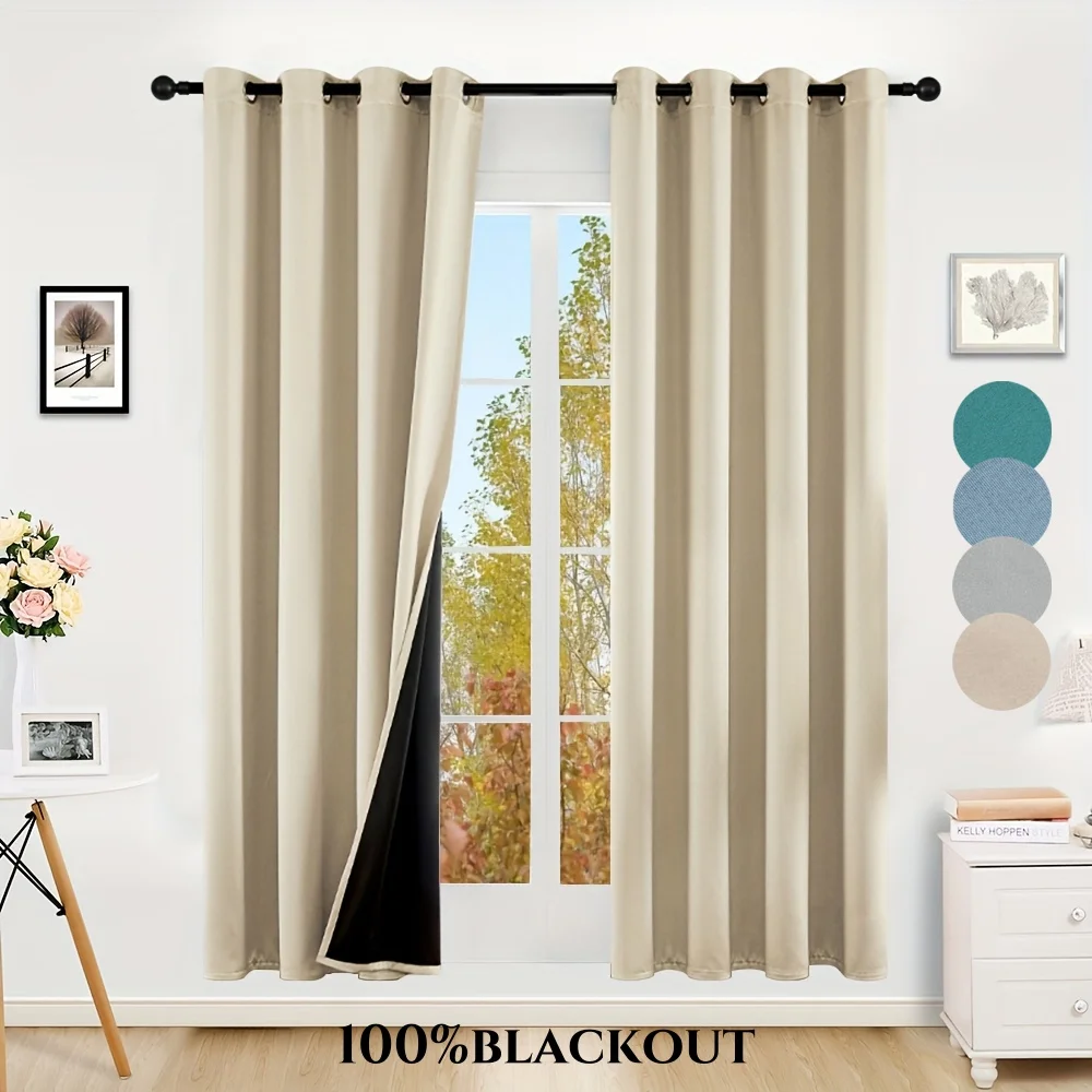 2pcs Modern Solid 100% Blackout Curtains, Window Curtains for Living Room, Bedro