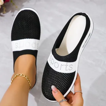 Alternative view of New 2024 Women Mesh Flat Shoes Half Slippers Thick Bottem Slip on Breathable Casual Sandals Breathable Slides Slippers