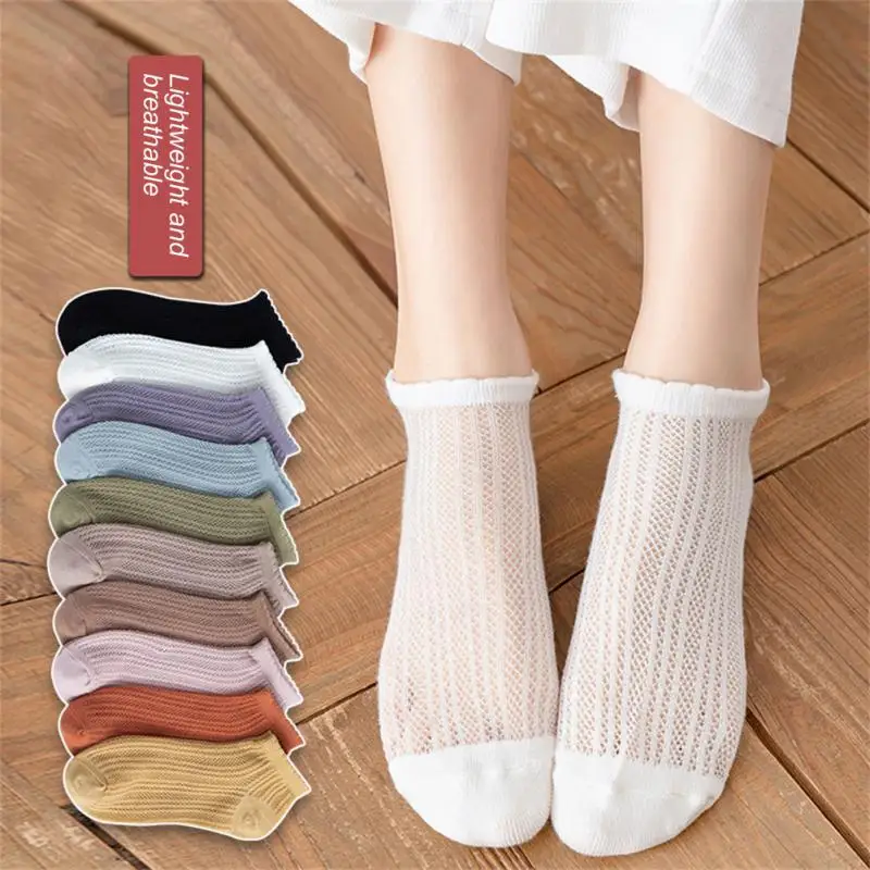 

4pairs Summer Sock For Women Boat Socks Solid Color Mesh Breathable Simple Hollow Cotton Thin Socks Slippers