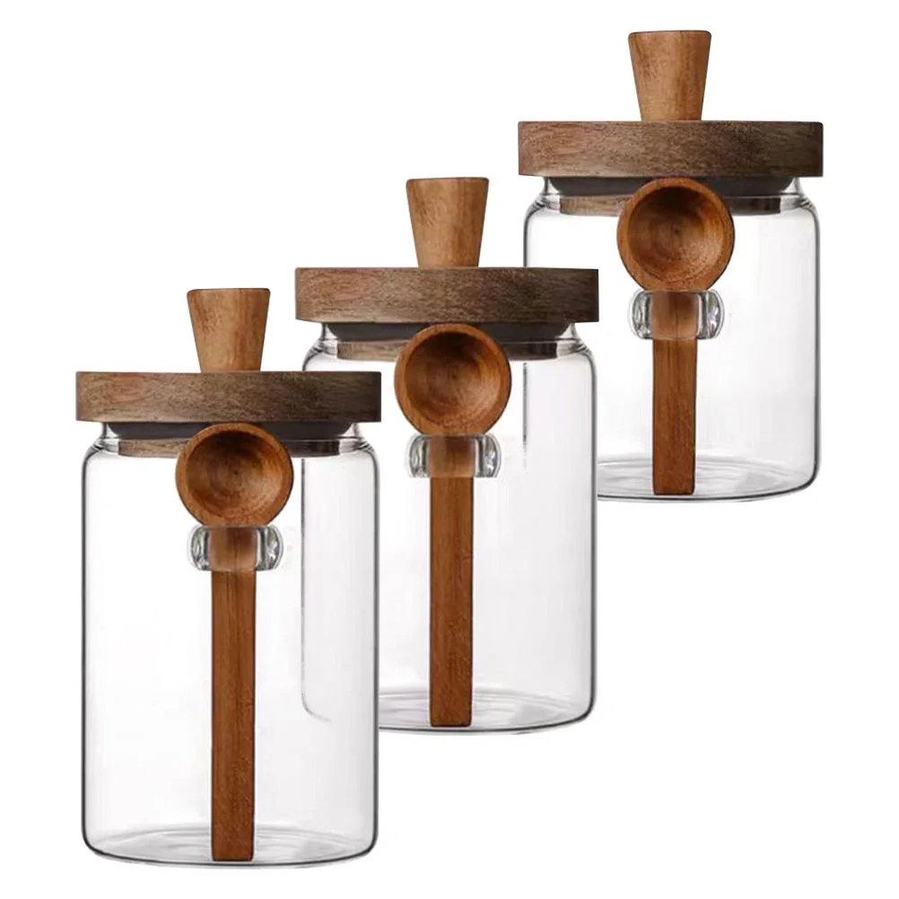 

3 Sets Glass Spice Container Lidded Seasoning Jar Pepper Salt Storage Container with Spoon Lid