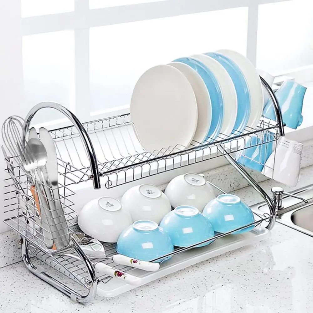 3 Tier Chrome Dish Drying Rack Drainer Cutlery Cups Holder Drip Kitchen  Storage Arrangement for Dishes