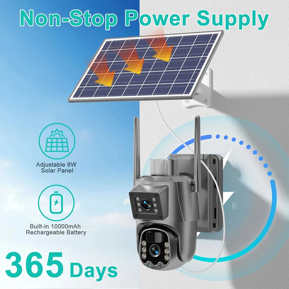 4K 8MP WiFi Solar Camera Outdoor Wireless CCTV Surveillance Camera with Solar Panel Dual Lens IP PTZ Cam Security Protection 2