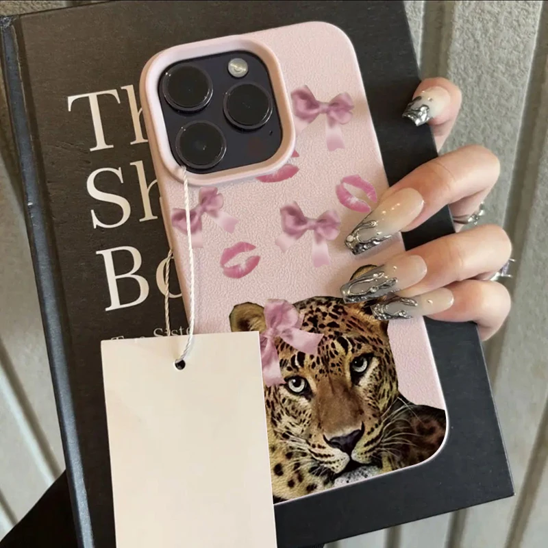 Pink Leopard Print Shockproof Phone Case with Cub Pattern