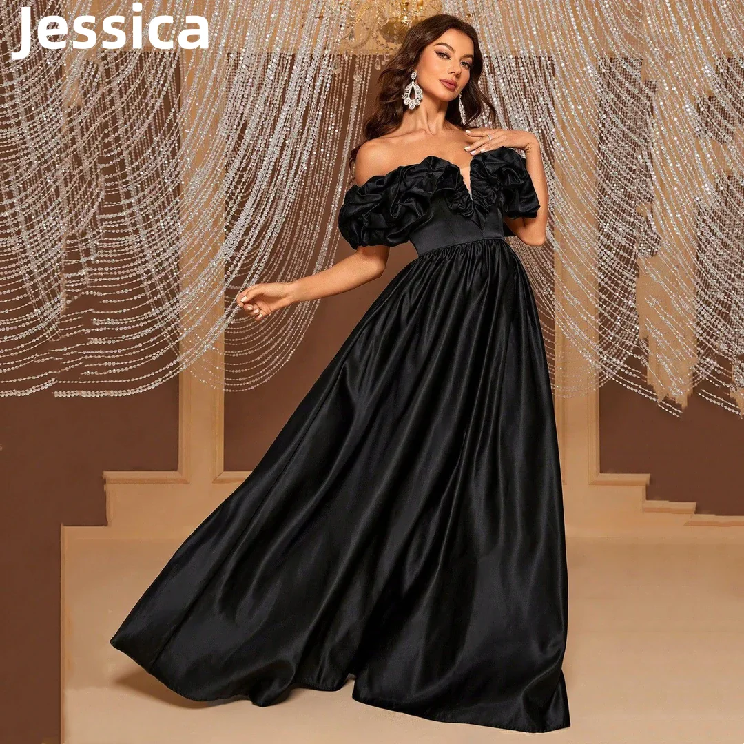 

Jessica Black Prom Dresses Luxurious Satin Evening Dress Curled Edge Formal OccasionsParty Dress Custom Dress 2024فساتين السهرة