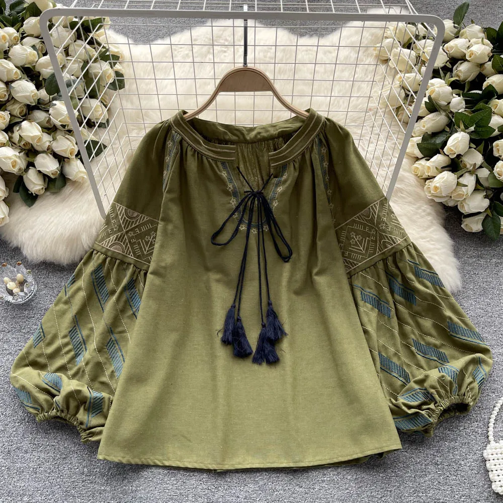 

Clothland Women Elegant Embroidery Blouse Lantern Sleeve V Neck Tassel Tie Shirt Vintage Fashion Tops Blusa Mujer LA771