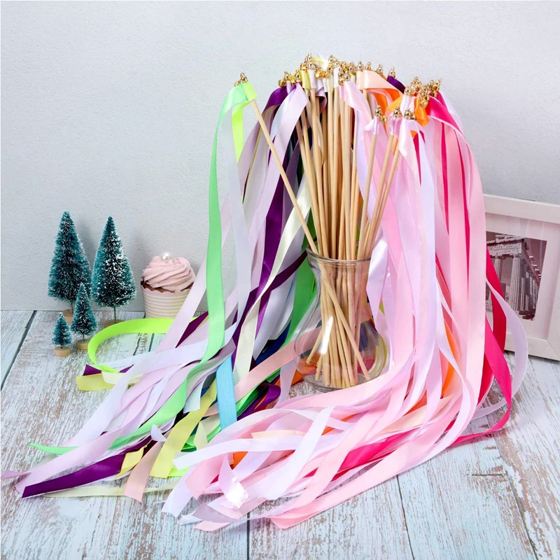 Kingsnow 100 Pieces Lace Wedding Ribbon Wands with Triple Ribbon and Silver Bell Wand Silk Fairy Stick Wand Streamers Party Ribbon Sticks Magic