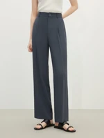FSLE【2 Length】Women Black Commuter Long Trousers High Waist Grey Draped Straight Female Cropped Pants 25FS11163+25FS11248