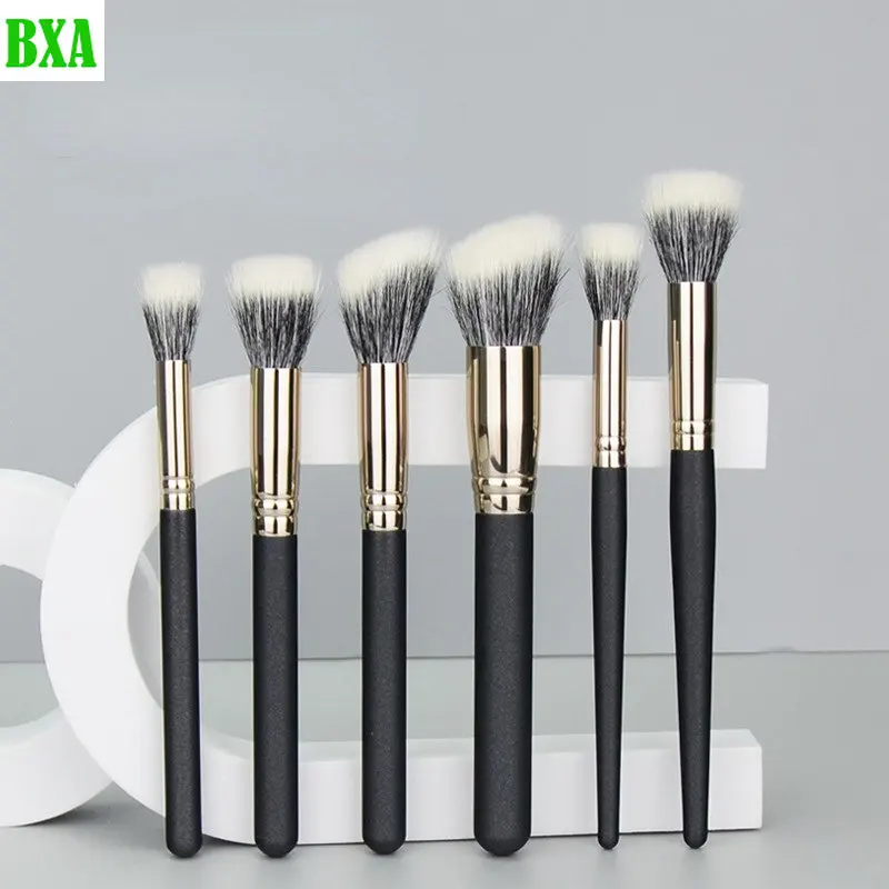 

New 6PCS Double Layer Goat Hair Stippling Blush Brush Highlighter Concealer Makeup Brushes Cosmetic Beauty Tools Natural Wood