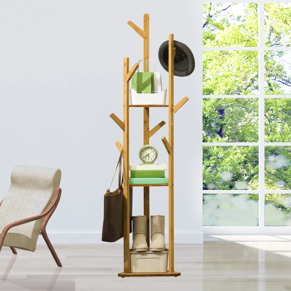 Coat Rack in Tree Shape Bamboo Clothes Rack with Shelves Freestanding 165CM