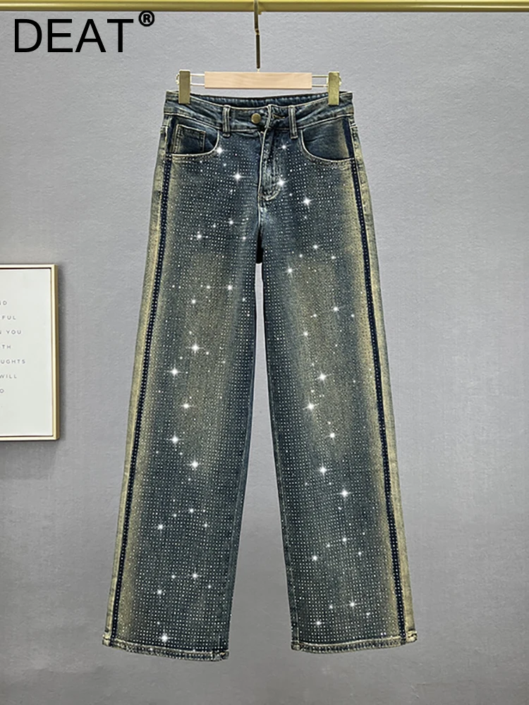 

DEAT Women's Jeans High Waist Fill Diamonds Retro Color Loose Straight Wide Leg Denim Pants 2024 Summer New Fashion 29L3146
