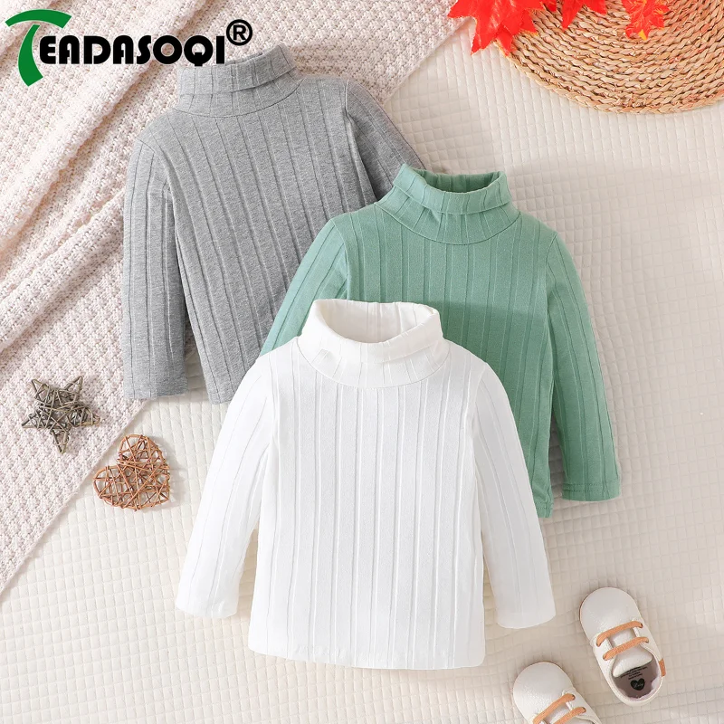 6M-3Y Spring Autumn Kids Baby Boys Long Sleeve High Neck Knit Pit Strip Casual Shirt Tops 3Pcs Set