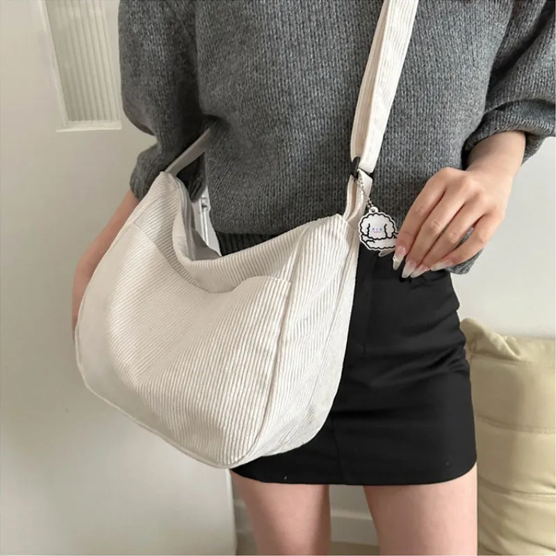 Women’s Corduroy Shoulder Bag, Casual Striped Large Capacity Tote with Zipper Closure, Cute Hat Patch, Perfect for Everyday Use 3
