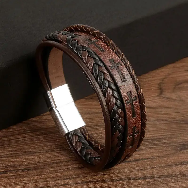 Leather Bracelet Men Cross Vintage Handwoven Hip-Hop Punk Jewelry Gift
