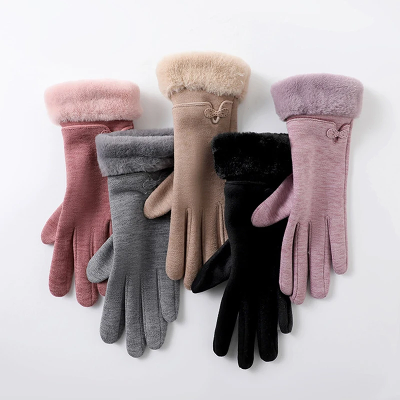 

Women's Warm Gloves Autumn Winter Inner Fleece Thicken Wirst Plush Bow Riding Skiing Windproof Driving Touch Screen Mittens S342