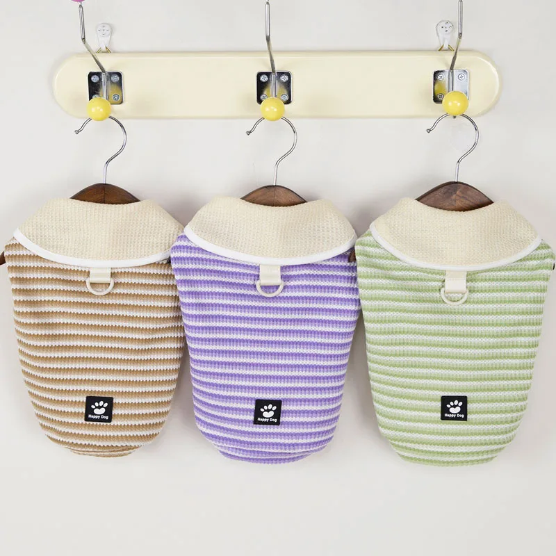 Strips Puppy Clothes Summer Green Purple Brown Lapel Dog Hoodies Clothing For Small Dogs Chiwawa Short Sleeve Kitten Sweatshirt