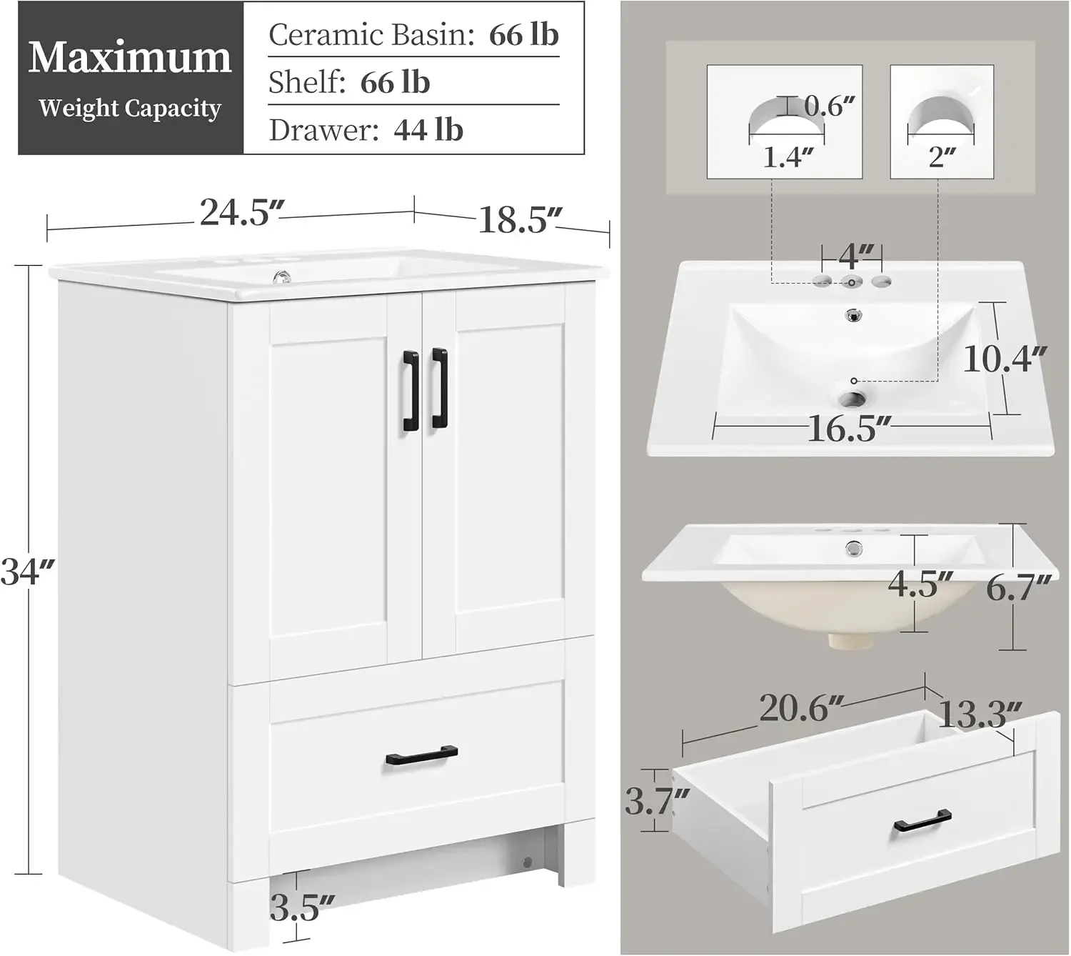 24.5" Modern Bathroom Vanity with Ceramic Basin,Undermount Bathroom Vanity Sink Cabinet with 2 Doors and 1 Drawer, Free Standing 2