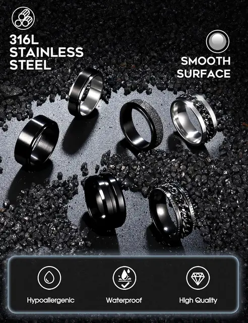 Bobisty 6 pièces anneaux Spinner noirs pour hommes femmes en acier inoxydable Fidget anxiété anti-Stress ensemble de bagues de mariage Size7-13