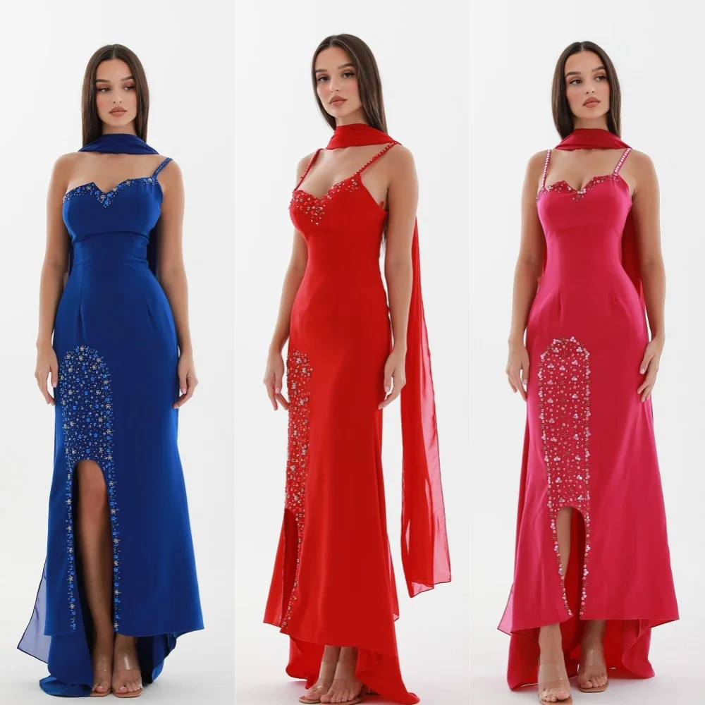 Evening Jersey Beading Draped Pleat Prom A-line Spaghetti Strap Bespoke Occasion Gown Midi Dresses Saudi Arabia