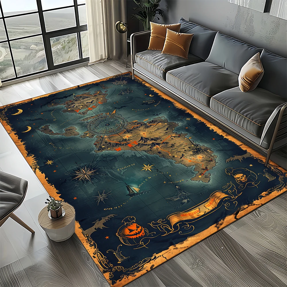 Nautical Map Rug – Retro Marine Compass Carpet | Non Slip Floor Mat for Living Room