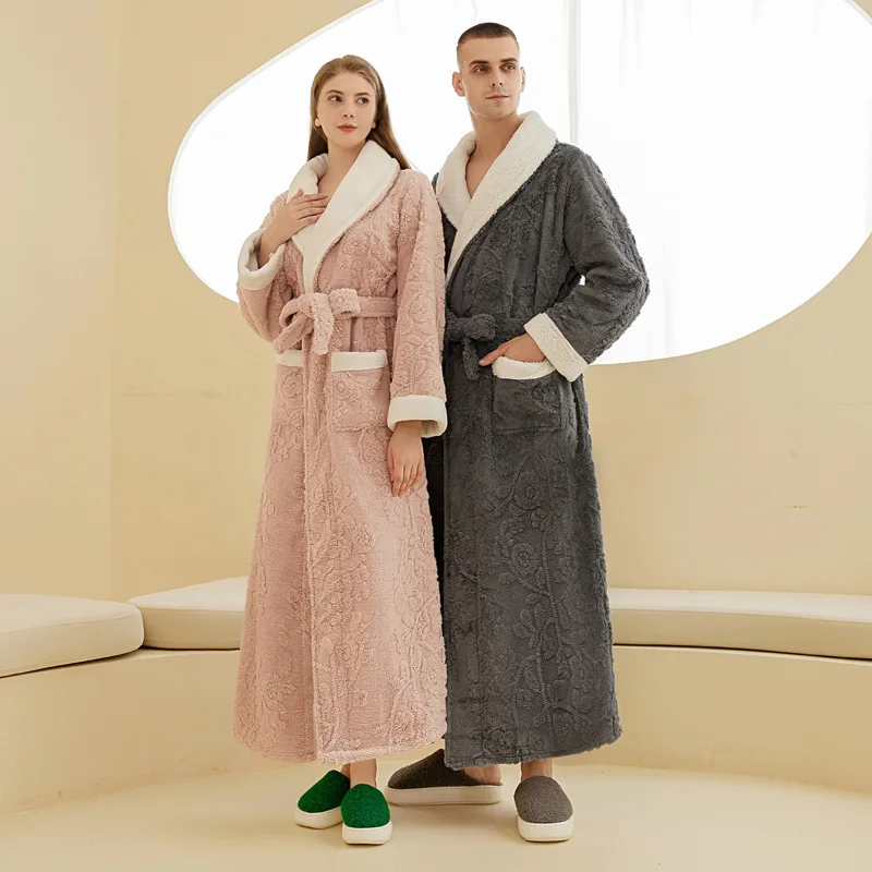 

Extra Long Plus Size Winter Warm Coral Fleece Bathrobe Women Men Flannel Dobby Kimono Bath Robe Bridesmaid Dressing Gown Wedding