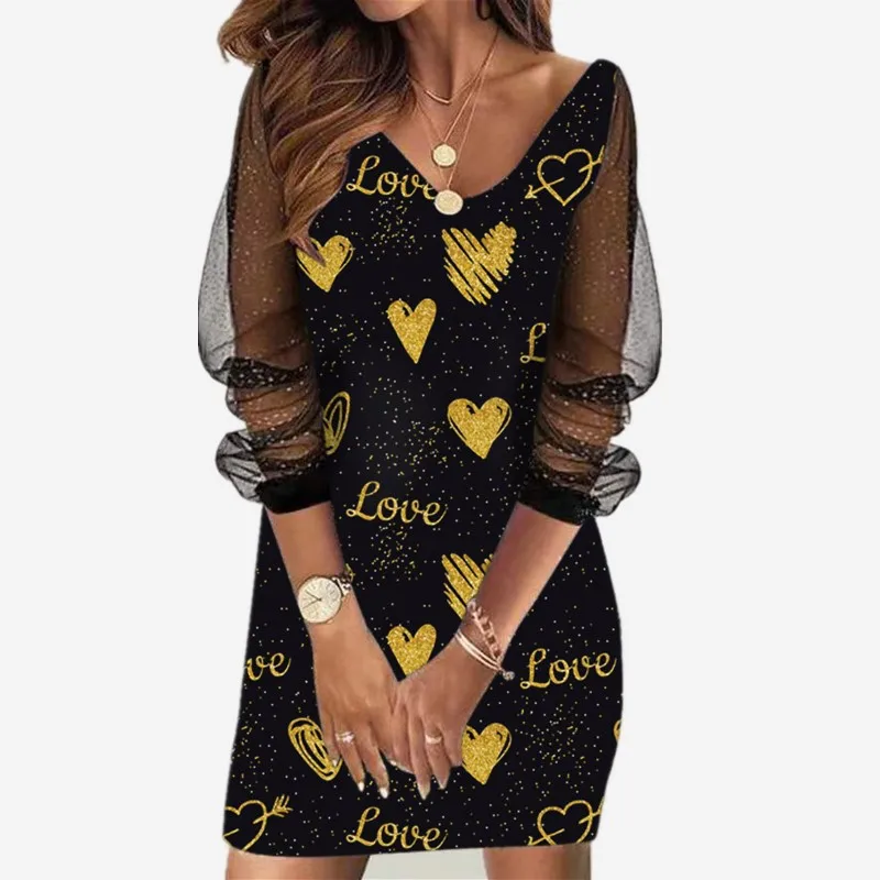 2022 Women's Sequin See-through Mesh Dress Spring and Summer New Pullover Midi Skirt Ladies V-neck Printed Pencil Skirt mini dress