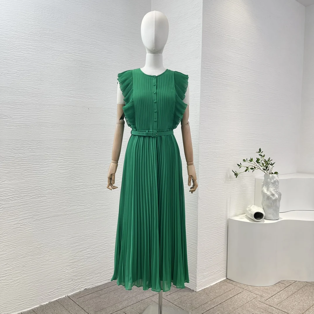 

2024 New Collection Spring Summer Green Ruched Pleat Ruffle Removable Belt Women Re-tro Midi Dress for Party