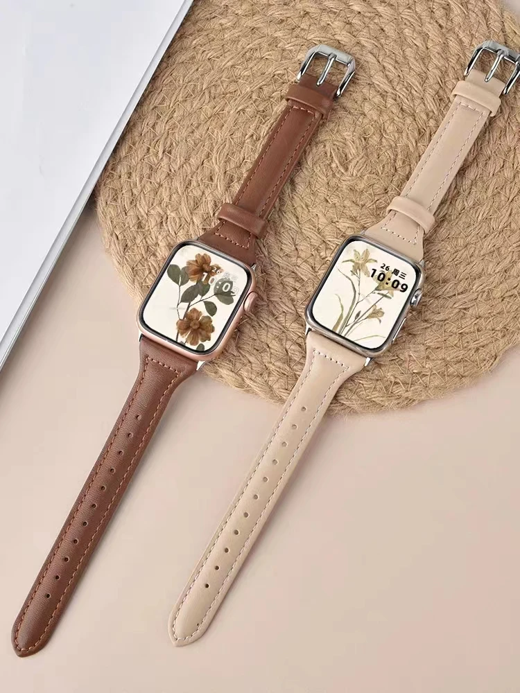 

Slim Leather Strap for Apple Watch band 44mm 45mm 41mm 40mm 38mm wrist women bracelet iWatch serie 9 8 7 6 5 4 3 SE Ultra 2 49mm