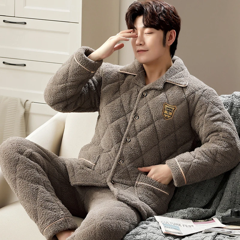 Winter Warm Thick Men Pajama Casual Pajama Sets Breathable Air Cotton  Interlayer Pijama Embroidery Elastic Waist Male Pajamas|Men's Pajama Sets|  - AliExpress