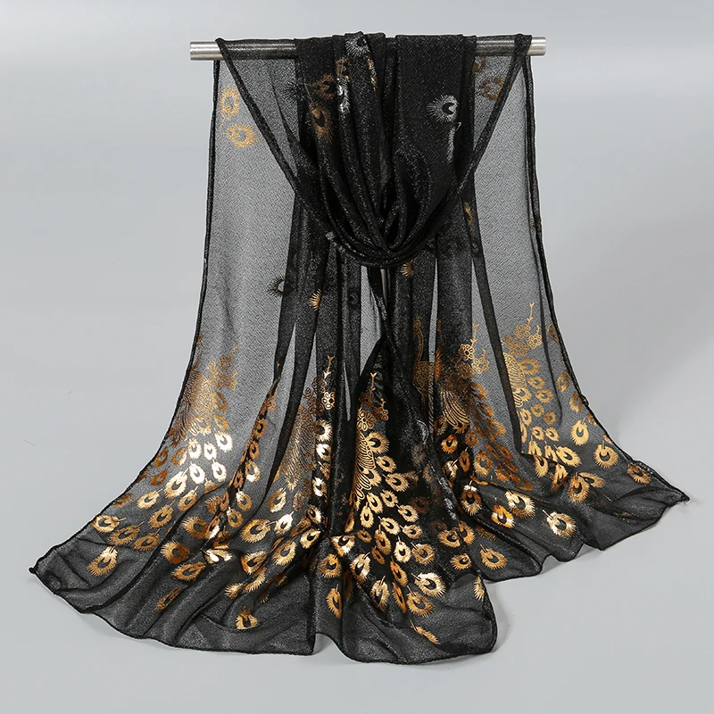 Peacock Printed Hijab Scarf Women Gold Glitter Shawl Scarf Women Elegant Long Shawl Hijab Scarfs Pashmina Women Scarf 170*60cm