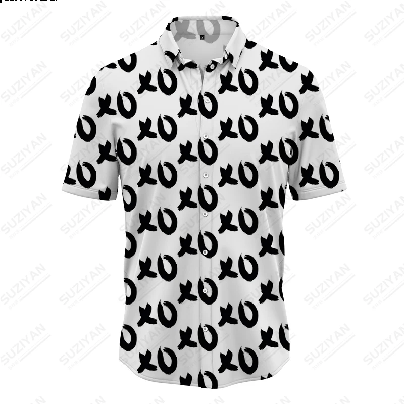 Men's Fashion British Black and White Color Block Letter 3D Printing Standing Dress Best-selling Men's Short Sleeve Button Shirt