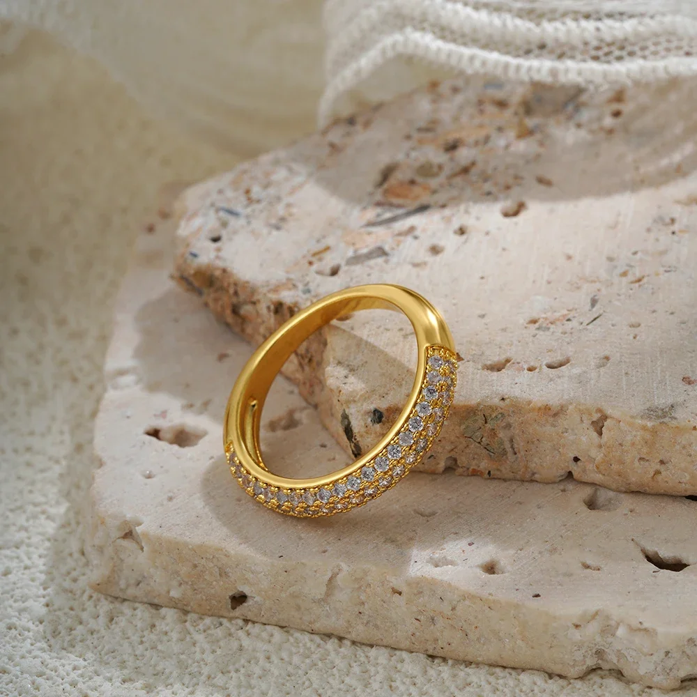 18K Gold Plated Luxury Sparkling Zircon Circle Women Wed Ring Non Tarnish Anti Allergic Metal Stainless Steel Delicate Jewelry