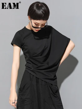 [EAM] Women Black Asymmetric Pleated Big Size T-shirt New Round Neck Batwing Sleeve Fashion Tide Spring Summer 2026 1DF4667 1