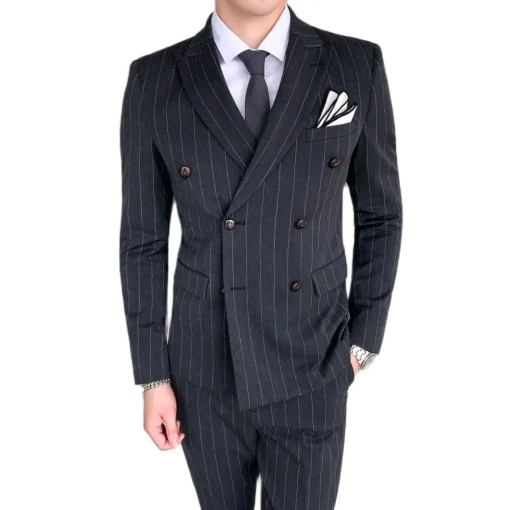 

Stripe Men Suit Coat Set Male Double Breasted Slim Fit Business Formal Wedding Grooms 3 Pieces Set Blazers Jacket Pants Vest