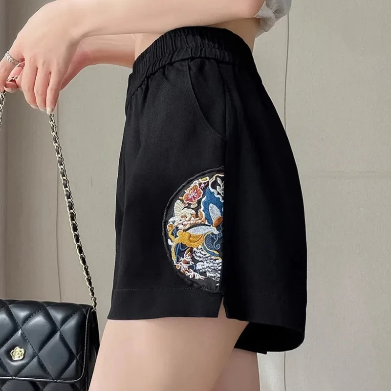 Chinese Style Women's Summer 2024 New Spliced Elasticized High-waisted Embroidery Fashion Loose All-match Casual Sports Shorts
