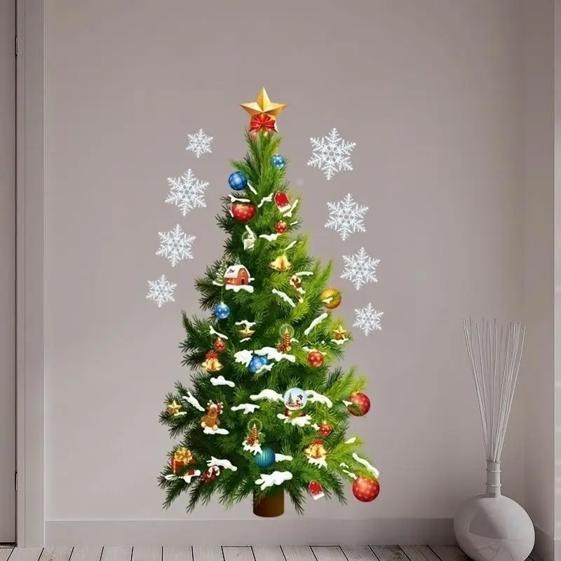 Snowflake Christmas Tree Wall Stickers Green Christmas Tree Self-adhesive Wall Stickers Christmas Party Home Decoration Stickers
