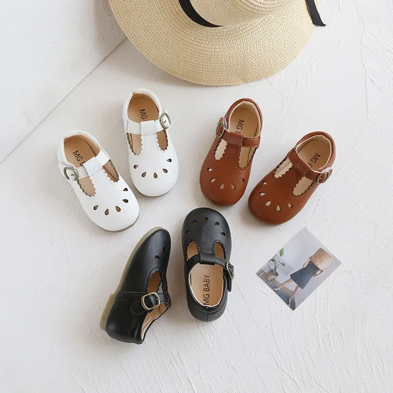 Kids T Strap Leather Shoes Girls Hollow Outs Princess Women Shoes Breathable British Style Flats Child Baby Toddlers Autumn