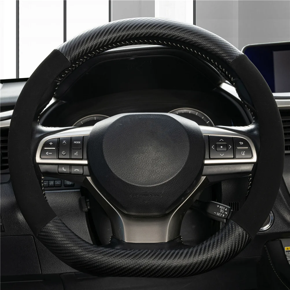 

D-Shaped Carbon Fiber & Suede Leather Car Steering Wheel Cover Anti-Slip Protector Breathable Sweat Absorbent Sport 38cm(15Inch)