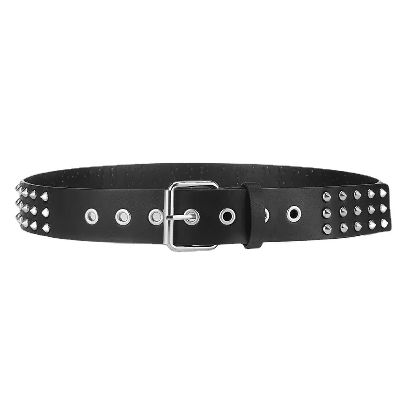 men fashion soft leather rivets belt punk rock dress black