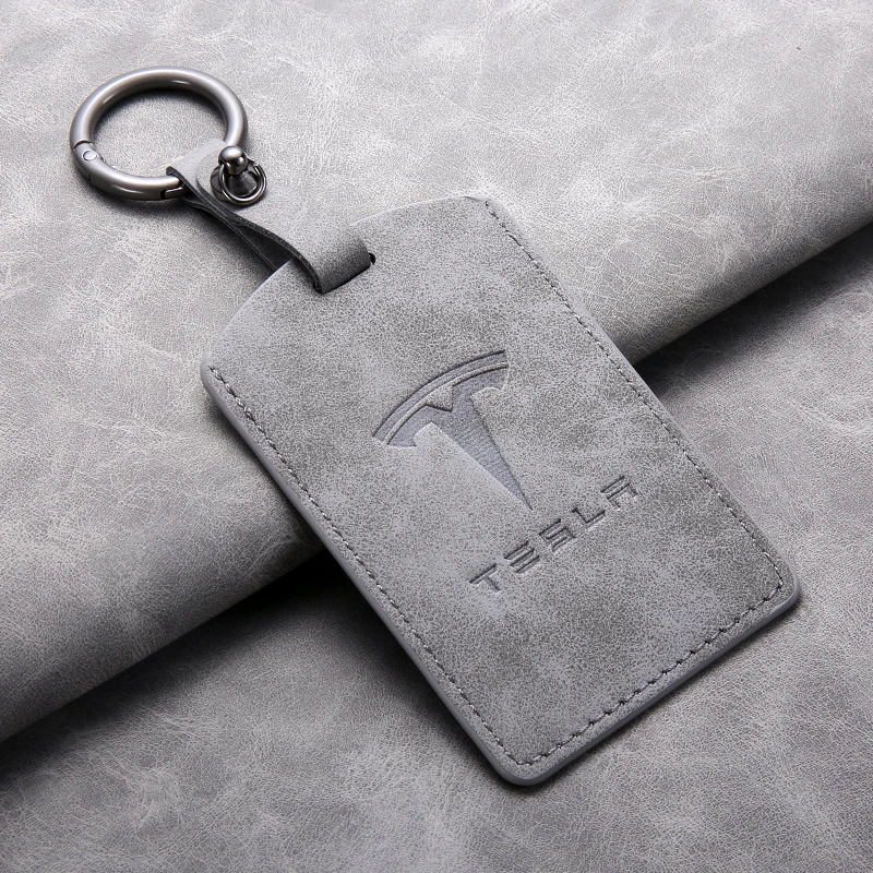 Leather Car Key Card Case Cover Protector Holder Shell Tesla Model 3 Model Y Keyless Keychain Accessories