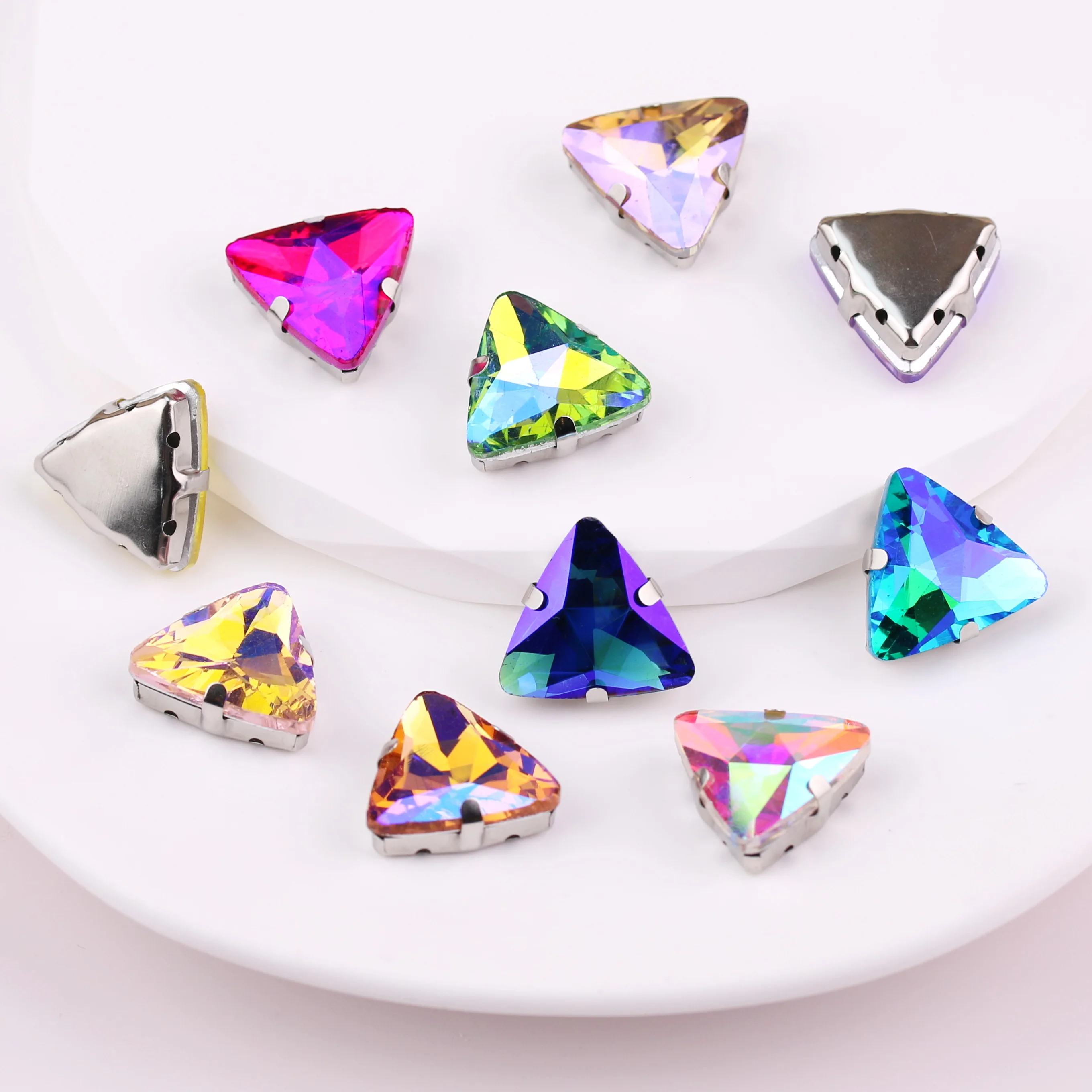 AB colors Silver claw settings 18mm Triangle shape glass Crystal Sew on rhinestone beads garments shoes handicraft diy trim